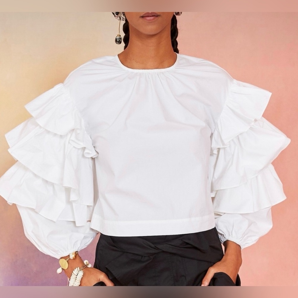 Ulla Johnson Tulia Tiered Ruffle Sleeve Crisp Ivory White Cotton Top